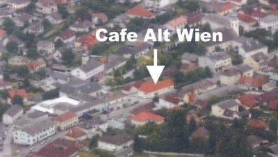 Luftaufnahme von Bernstein, Lage des Café Alt Wien